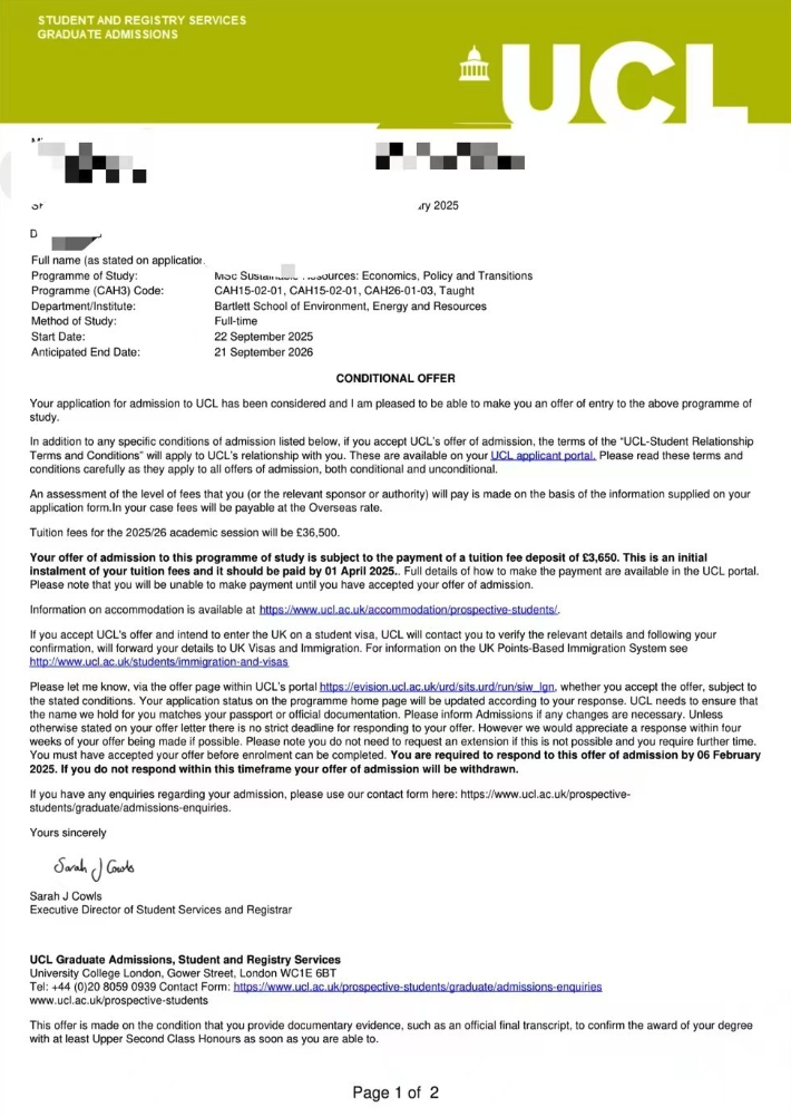 An anonymised university offer letter, result 01