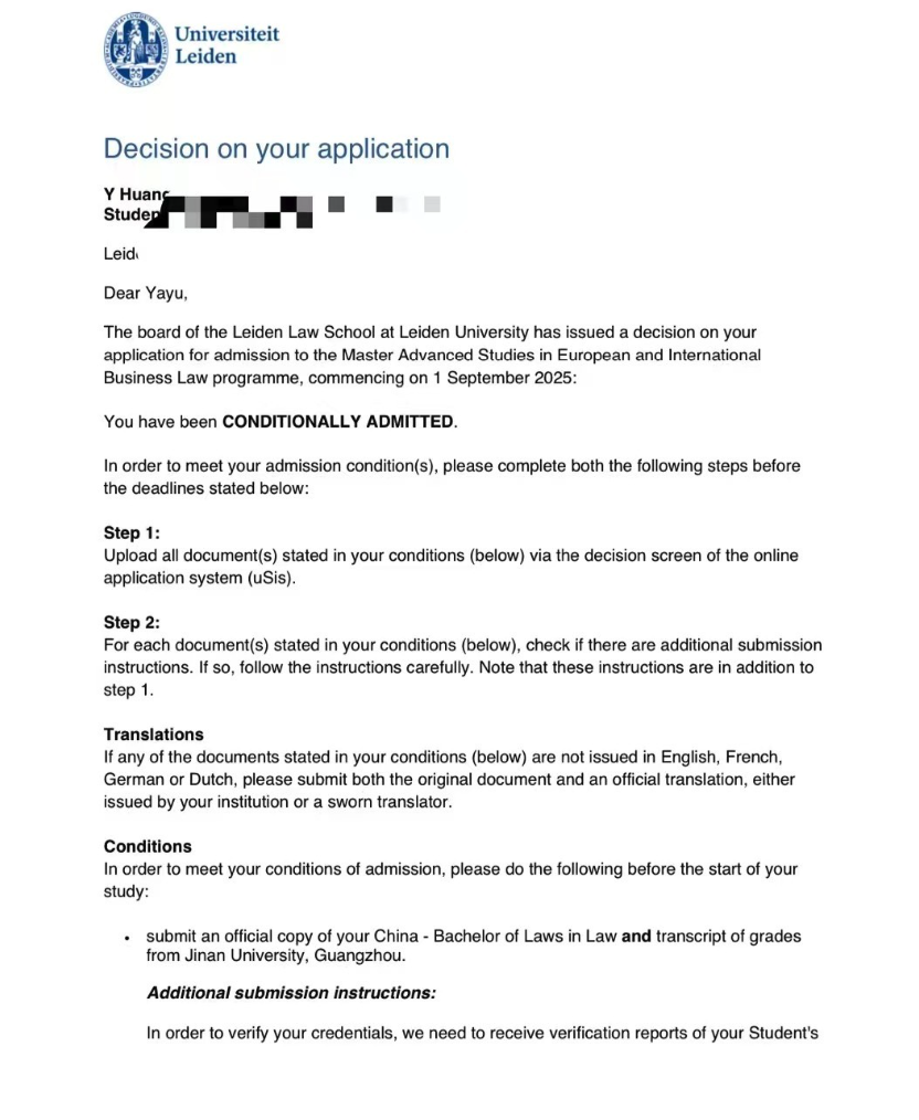 An anonymised university offer letter, result 02