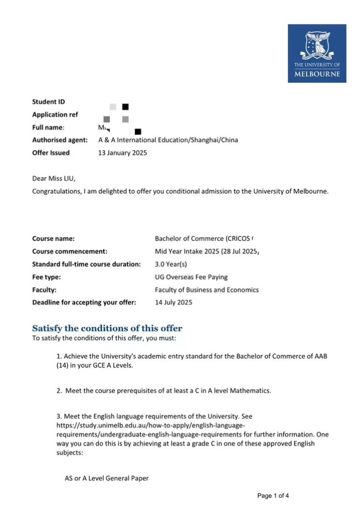 An anonymised university offer letter, result 03