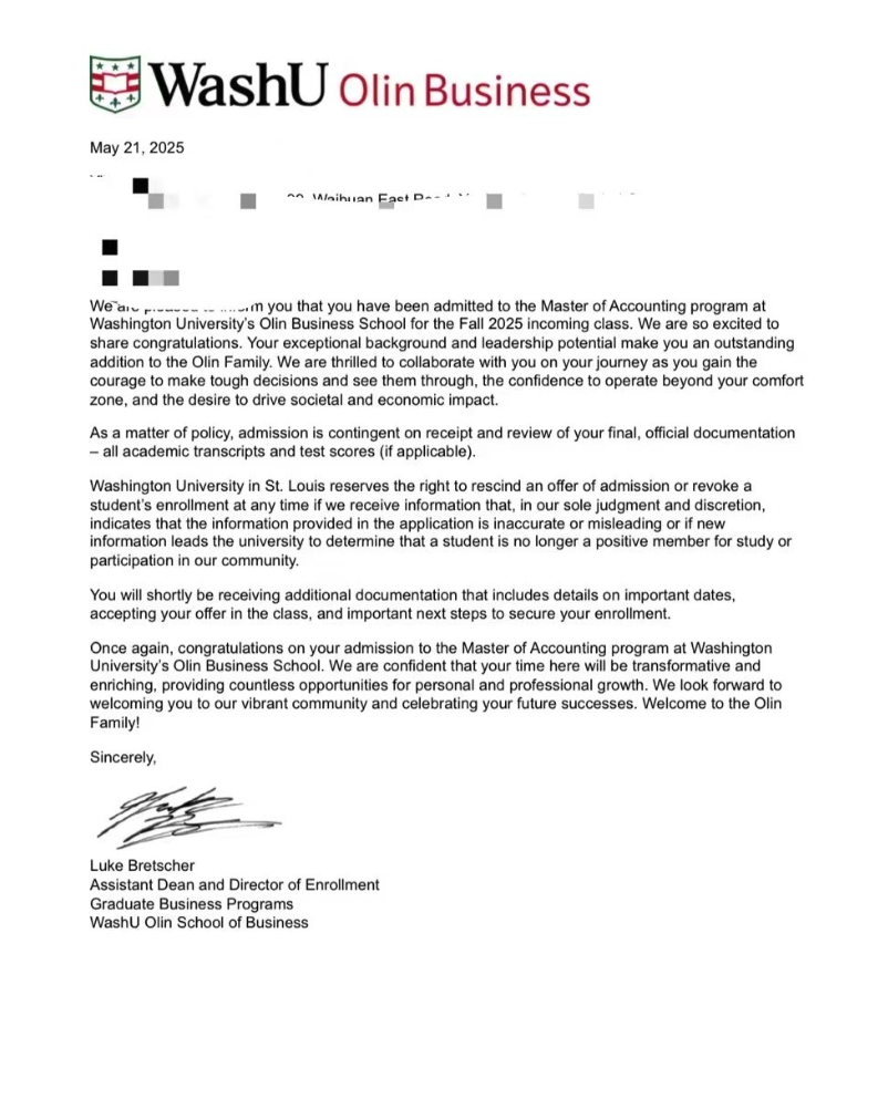 An anonymised university offer letter, result 04